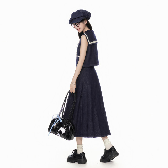 ສິ້ນ Eptison retro preppy denim suit
