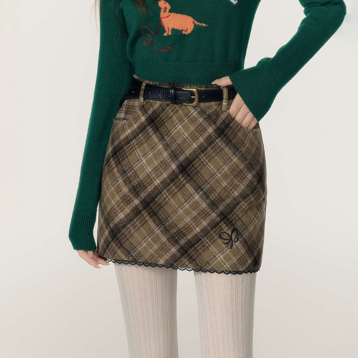 EPTISON半身裙女2025冬季新款复古学院磨毛保暖格纹时尚直筒裙子 - 图0