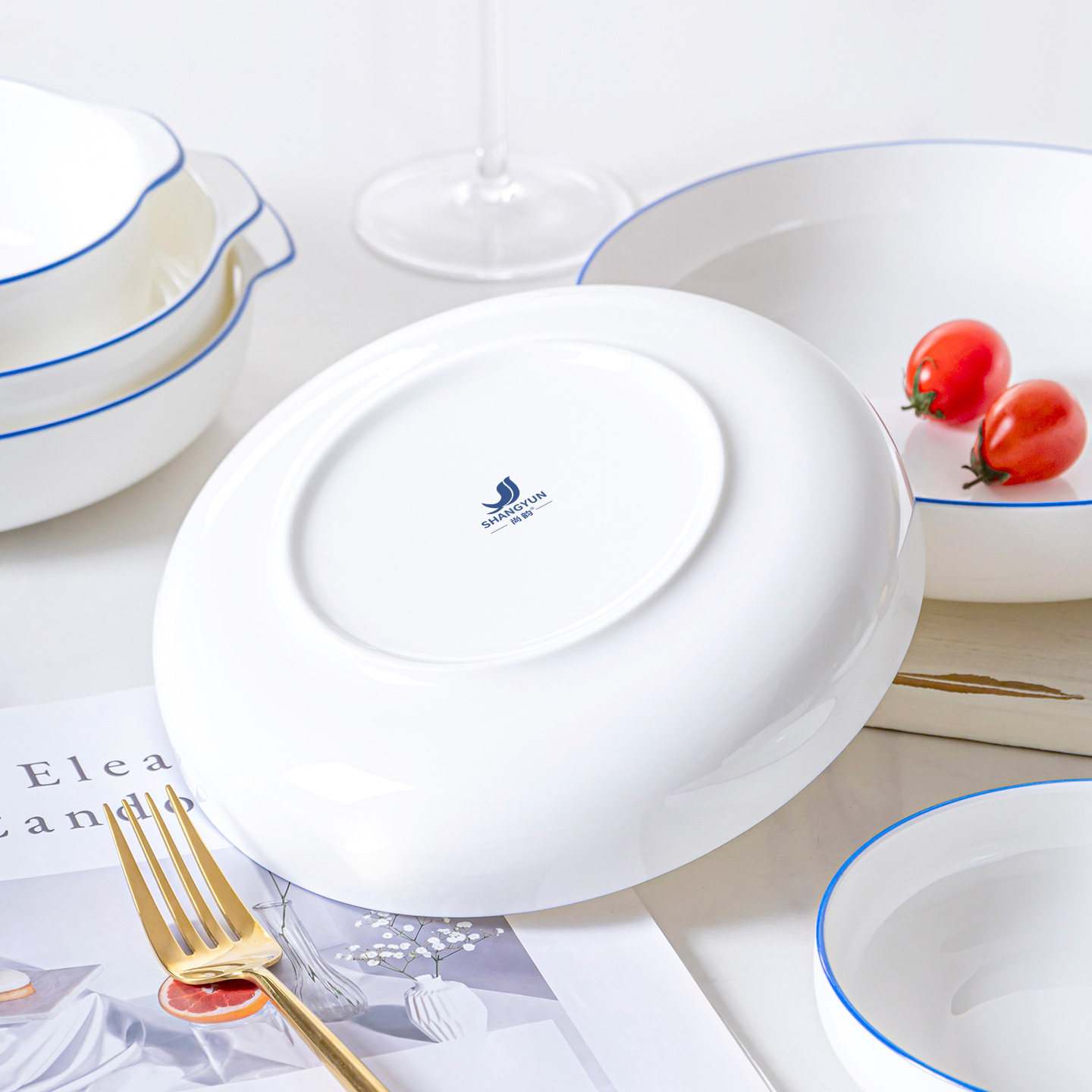 景德镇陶瓷窝盘深口盘子菜盘家用骨瓷餐具餐盘碟子北欧蓝边加深盘,淘宝优惠券,粉丝福利购,淘宝优惠卷