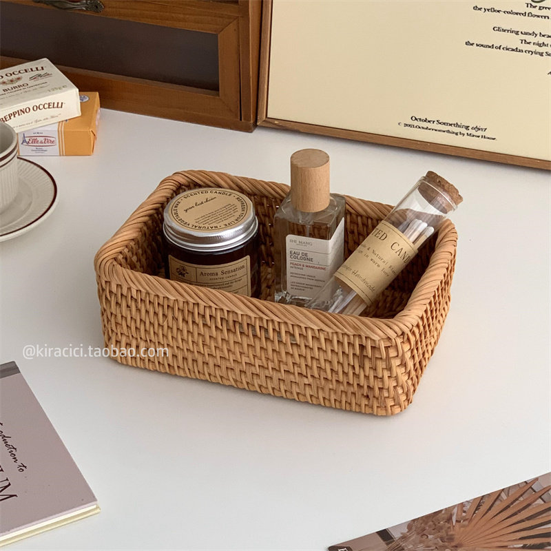 复古藤编长方形收纳筐编织收纳盒桌面化妆品整理盒茶几杂物置物篮,淘宝优惠券,粉丝福利购,淘宝优惠卷