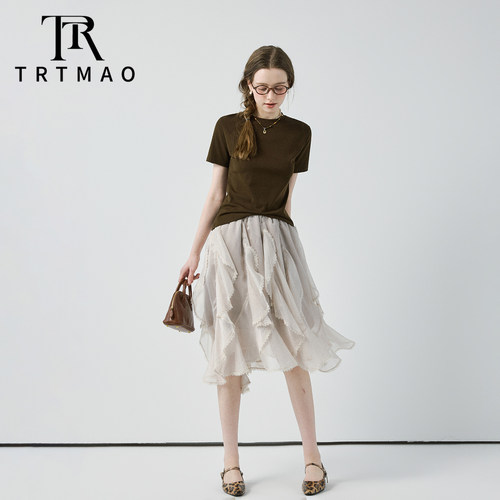 TRTMAO原创时尚老钱风圆领短袖T恤女夏新款休闲百搭通勤穿搭上衣 - 图3