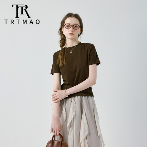TRTMAO原创时尚老钱风圆领短袖T恤女夏新款休闲百搭通勤穿搭上衣 - 图1