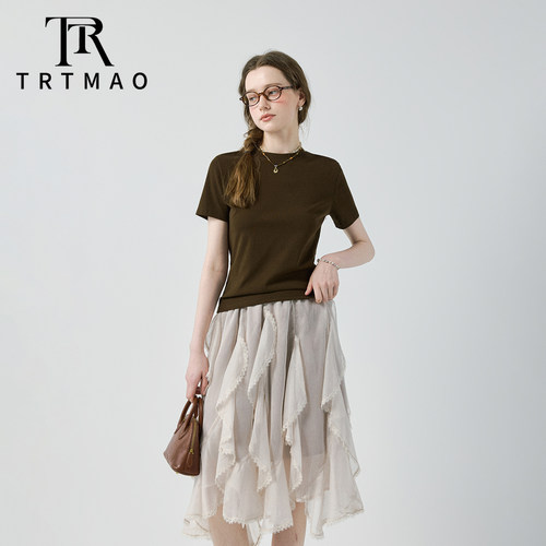 TRTMAO原创时尚老钱风圆领短袖T恤女夏新款休闲百搭通勤穿搭上衣 - 图2