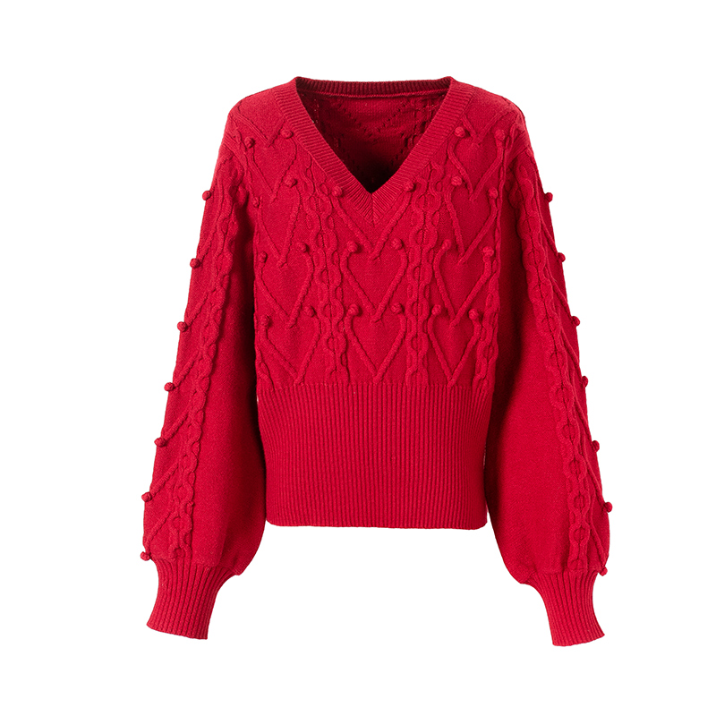 红色毛衣女冬厚外穿2022新款爆款洋气高端毛衫v领短款上衣针织衫