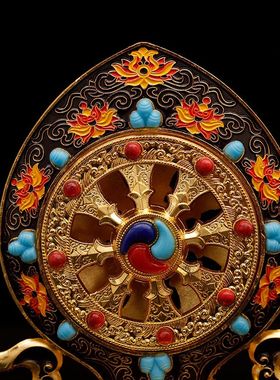 藏传双鹿法轮西藏特色工艺品鎏金供奉佛前摆件藏式七政宝金轮宝