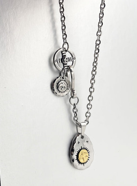 原宿风小金饼枫叶项链钛钢毛衣链