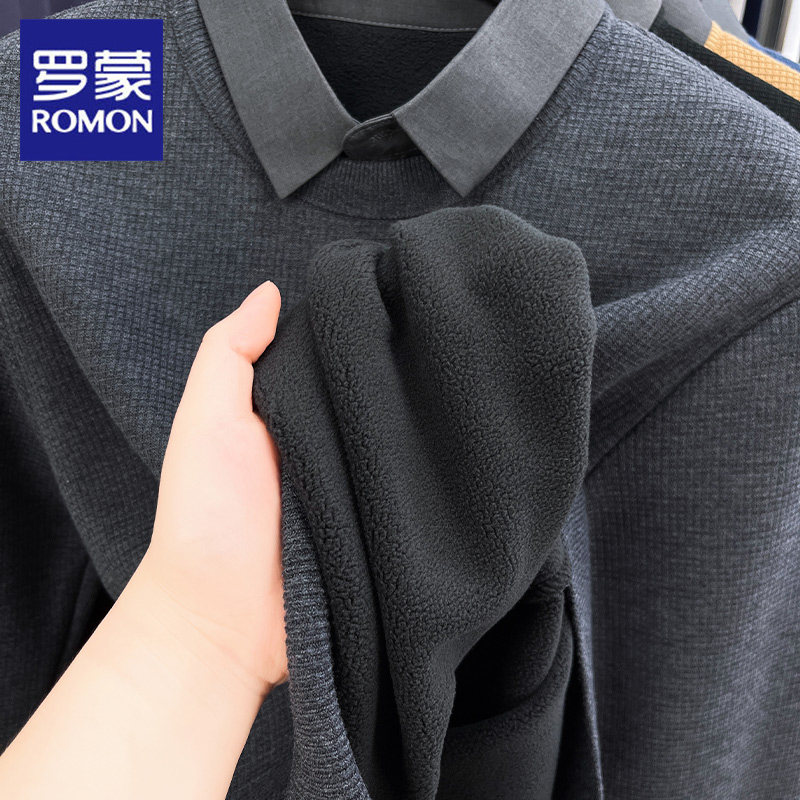 罗蒙加绒保暖假两件针织衫男2025秋冬新款商务休闲衬衫领纯色毛衣,淘宝优惠券,粉丝福利购,淘宝优惠卷