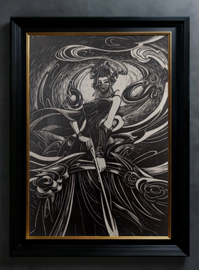王者荣耀木刻版画实木板手工雕刻国风古风装饰画高档简约黑白木刻