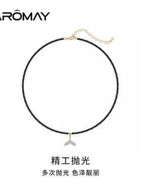 卡洛美鲸尾魅影项链女黑色水晶新款鱼尾吊坠锁骨链夏日设计感颈链