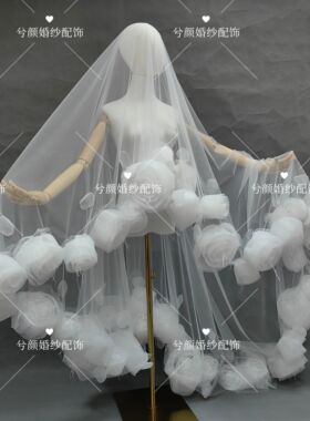 新款复古手工花朵头纱主纱订婚鱼尾礼服配饰影楼样片新娘拍照头纱