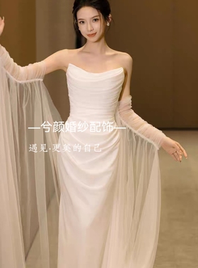 法式高端婚纱手袖拖尾飘纱影楼走秀主题婚纱礼服配饰手臂袖飘纱
