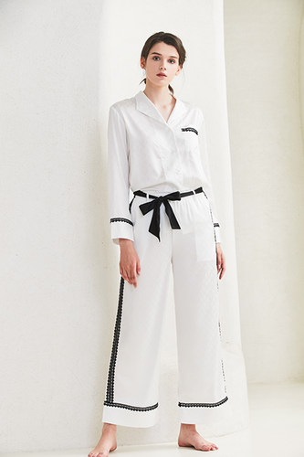 NT奈黎诗春秋薄款丝质提花长袖家居服套装女撞色阔腿裤睡衣两件套 - 图0