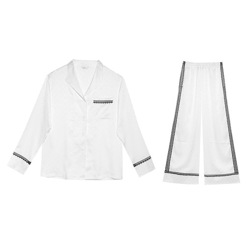 NT奈黎诗春秋薄款丝质提花长袖家居服套装女撞色阔腿裤睡衣两件套 - 图3