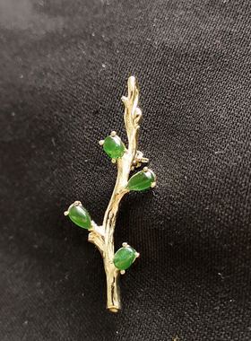 绿树枝芽简约挂件蛋面翡翠胸针吊坠两用天然A货项链银镀金镶嵌