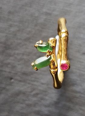 现货实拍天然A货满绿随形戒指S925银女小清新竹节戒指寓意好物