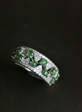 翡翠绿豪华风纯银精工配证书戒指