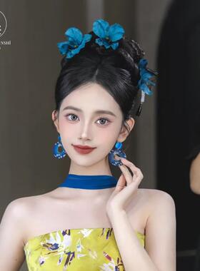 中式蓝色花朵发簪新娘头饰复古