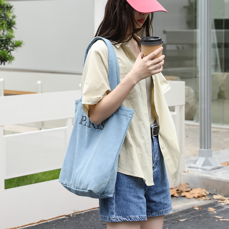 日系文艺学生牛仔布托特包女ins刺绣字母单肩布袋慵懒风帆布手提 - 图1