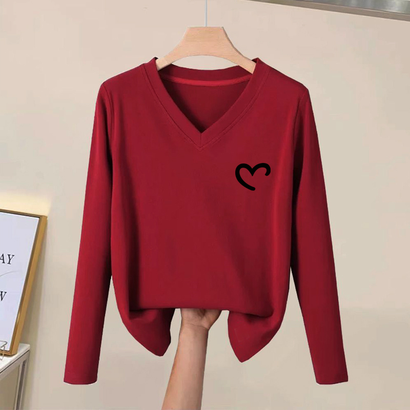 大牌出口正品女装纯棉V领长袖t恤衫春秋文艺宽松百搭印花显瘦上衣 - 图1