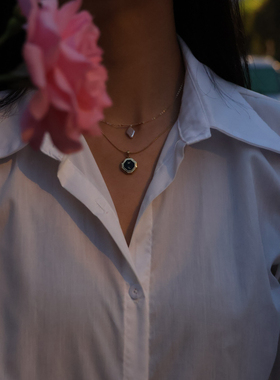 法式复古双层菱形黑色字母吊坠项链气质叠戴毛衣链复古锁骨链时尚