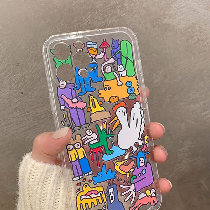 苹果13手机壳透明潮流涂鸦小动物插画冬天女款美术生小众防摔气囊ins风创意个性新款iphone15promax保护套