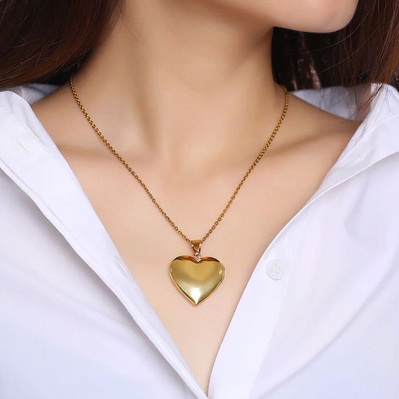Trendy Stainless Steel Heart Locket Necklace for Women Girls - 图0