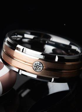 Fashion 8mm Men's Double Groove Beveled Steel Ring Rose Gold