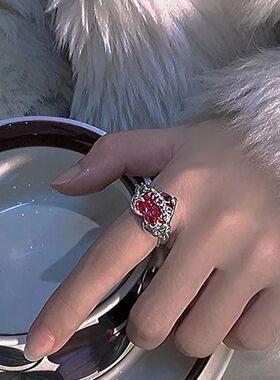 Y2K Red Crysal Rings Kpop Hear Adjusable Ring Irregular Geom