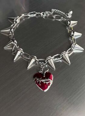 Punk Gohic Thorn Red Hear Pendan Necklace for Men Women Y2K