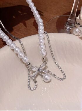 Pearl Bow Pendan Chain Necklaces Y2K Zircon Beads Tassel Nec