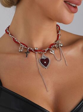 Red Beaded Hear Pendan Necklace for Women Exquisie Punk Cros