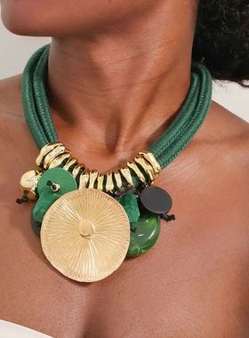 Statement Beaded Necklace with Round Pendant for Woman Girl