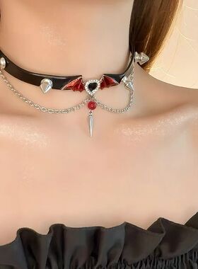Y2K Punk PU Leaher Devil Wings Necklace for Women Men Grunge