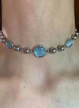 Y2K Rero Blue Moonsone Pendan Necklace for Women Gohic Meal