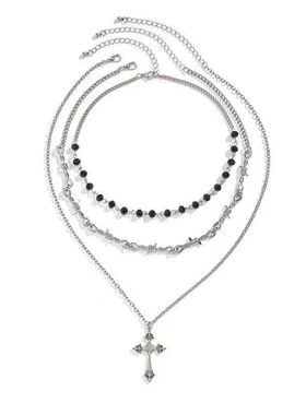 New Gothic Bead Chain Cross Pendant Necklace, Women's Layere