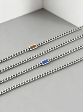 Punk Square Tiger Eye Stone Link Necklace Stainless Steel Cu