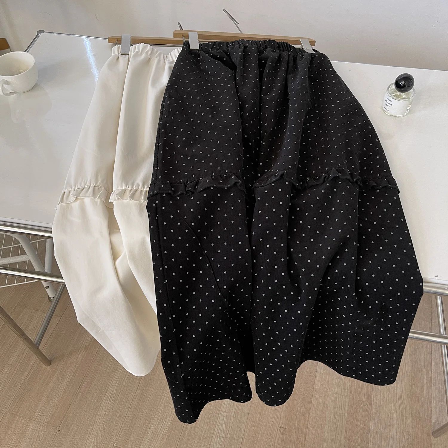 Women Patchwork Wooden Earlobe Polka Dot Skirts Korean Style - 图2