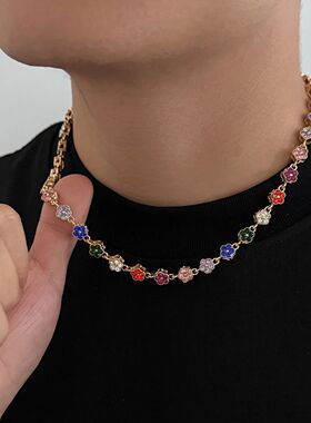 Hiphop Punk Colorful Zircon Flower Necklace for Men Women Go