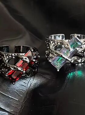 Punk Square Red Zircon Ring Geometry Open Crystal Set Y2K Ri