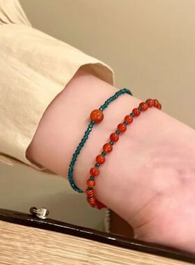 Vinage Red Blue Color Crysal Beaded Bracele Y2K Colorful Dou