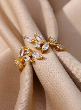Zircon Leaves Open Rings For Women Gold Color Stainless Stee
