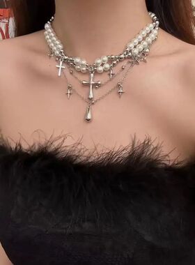 Punk Whie Pearls Beaded Double Layer Choker Necklace for Wom