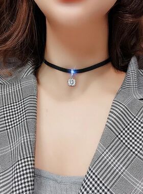 Glier Zircon Geomeric Pendan Choker Sexy Black Leaher Shor N