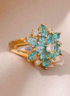 Blue Zircon Flower Ring For Women Stainless Steel Gold Plate