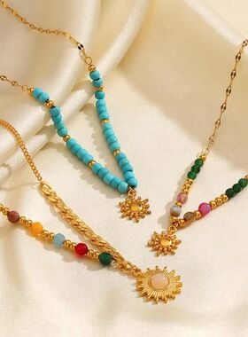 Bohemian Sainless Seel Gold Color Sun Pendan Necklaces for W