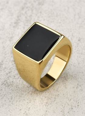 New Black Glossy Flat Men's Ring Stainless Steel Geometric R