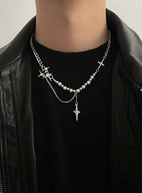 Kpop Zircon Cross Sar Beaded Necklace Men Imiaion?Pearl Sar