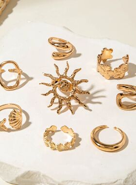 8Pcs/Se Vinage Meal Flower Shell Sun Rings for Women Punk Ge