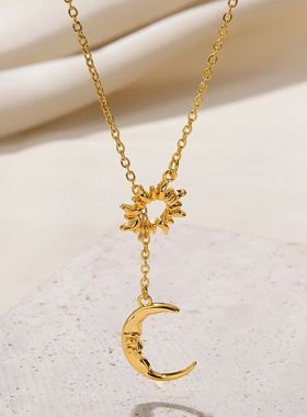 Fashion Moon Sun Pendant Necklace For Women Gold Color Stain