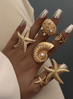 6Pcs Conch Shell Pearl Open Ring Exquisie Ins Summer Ocean S